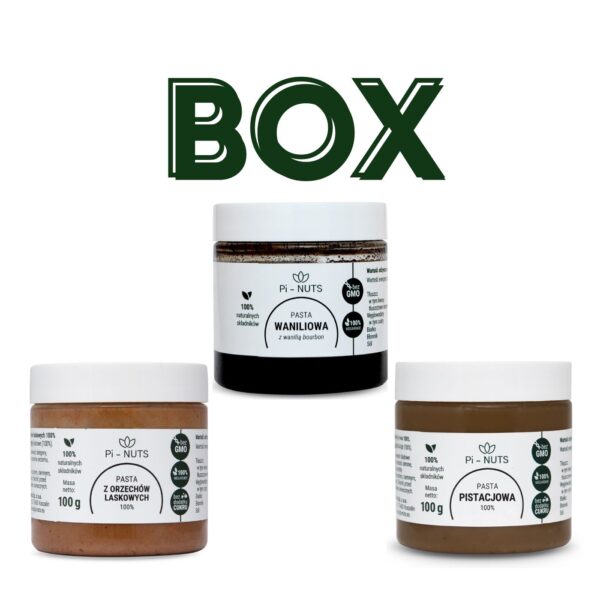 BOX 2 - pasta pistacjowa 100g, pasta waniliowa 100g, pasta z orzechów laskowych 100g